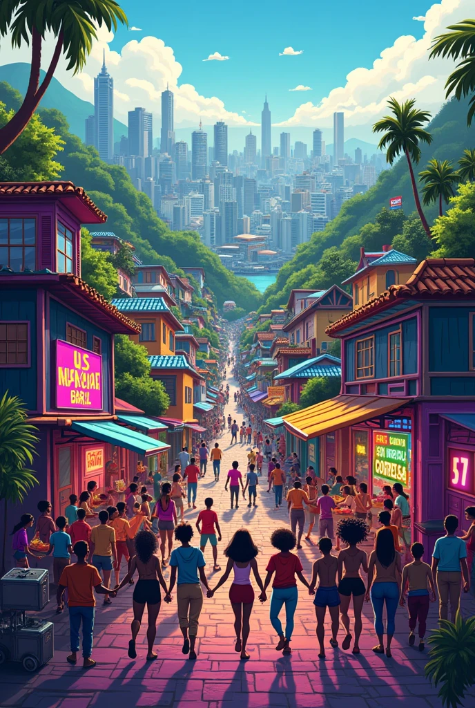 CREATE A PIXEL ART OF an image where we have a city with a socialist future in the communities of Brazil, on the hill of a community, where is the funk party taking place?, and whoredom.