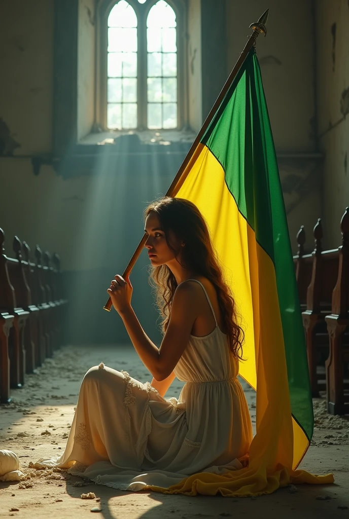 8k (photo realist) 1 girl wearing a long, ripped dress, Showing legs, holding a green and yellow flag, sitting on the floor of the old abandoned church