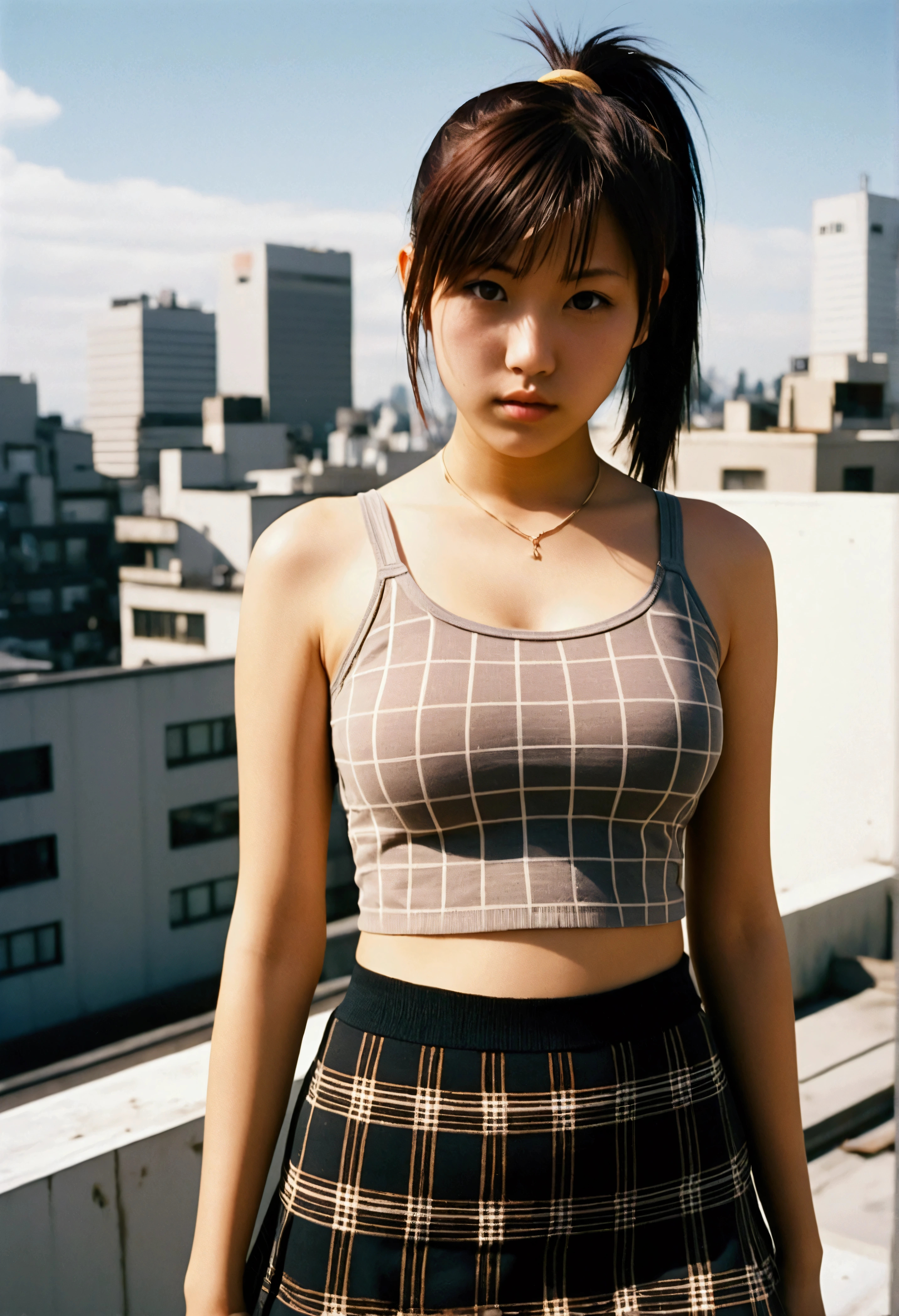 analog film photo, photo of a age punk, female, amber eyes, layered emo ponytail, tan complexion, Japanese ethnicity, beautiful face, natural beauty, sharp facial features, Amazonian stature, hourglass figure, busty bosom, narrow waist, full wide hips, plump round buttocks, wearing a rib-knit cami top and a plaid skirt, posing on a sunny Tokyo rooftop, sweaty skin, damp clothes, RAW Photograph, dslr, soft lighting, high quality, film grain, Fujifilm XT3, detailed skin with visible pores, insane details, masterpiece, 8k, 35mm photograph, dslr, kodachrome, faded film, desaturated, grainy, vintage, Lomography, stained, highly detailed, found footage, close-up shot