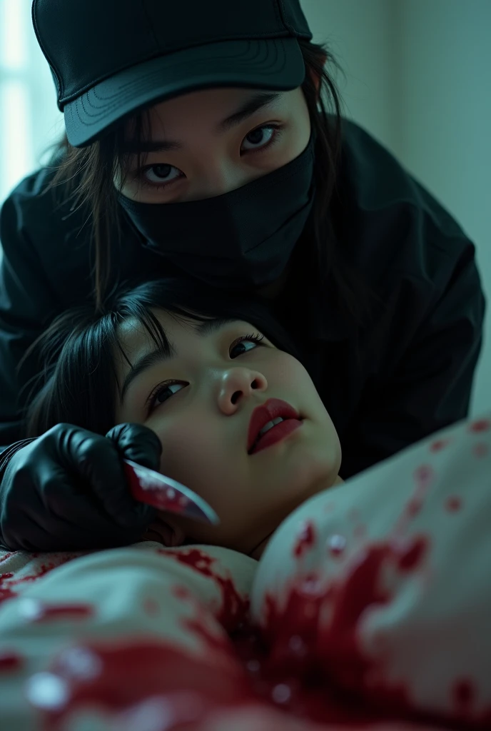 korean girl, (behind corpse, holding knife), black surgical mask, black gloves, room full of blood, black raincoat, trucker hat, holding knife, black gloves, woman on top, behind corpse, blood splatter, on the bed, looking at viewer, mass murderer, killer, long bangs, blood splatter, dark atmosphere, cinematic lighting, atmospheric realistic, light from the window, close-up,
