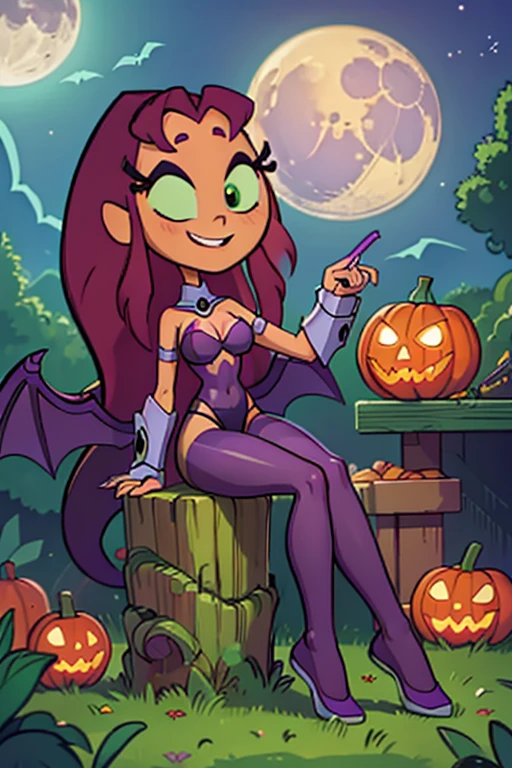 1girl, bat_print, Starfire, animal_print, breasts, print_legwear, pantyhose, head_wings, solo, wings, bat_(animal), leotard, long_hair, moon, night, orange_hair, heart_cutout, large_breasts, jack-o'-lantern, clothing_cutout, full_moon, bat_wings, green_eyes, purple_pantyhose, demon_girl, sitting, smile, looking_at_viewer, bangs, pumpkin, black_leotard, bridal_gauntlets, highleg, highleg_leotard, cleavage, bare_shoulders, purple_wings, purple_lips, makeup, low_wings, fingernails, crossed_legs, lipstick, night_sky, halloween, covered_navel, purple_nails, lips, nail_polish