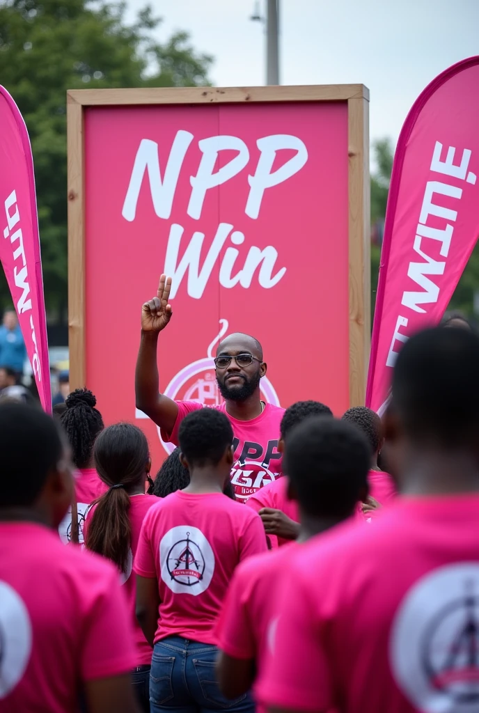 promotional Stall with "NPP Win" word with hand compass sign, pink color 5 bunting strips, people with pink t shirt with hand compass logo