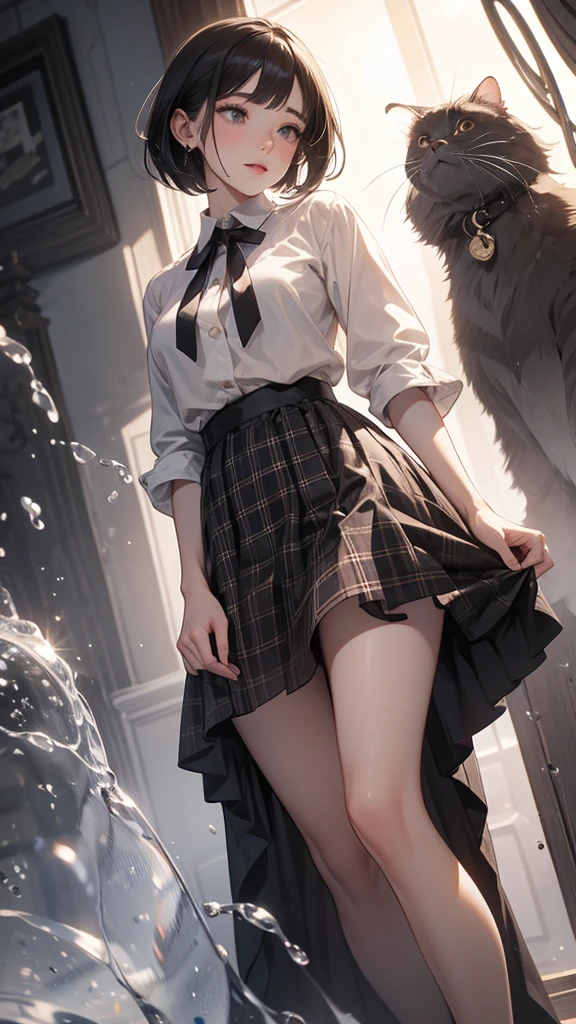 A beautiful adult woman、Short bob with black hair、She is lifting the hem of her beige checked long skirt with both hands to show her pussy、Angle from the front, close to the ground、A lewd expression of excitement and flushed、Love juice drips from the pussy、There's a vibrator in her pussy、Very large breasts、Pointed nipples、Black garter belt、Thin black thigh-high stockings、