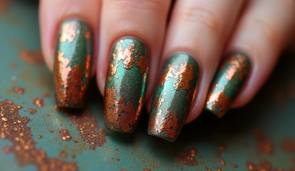 **Copper Patina Nail Art:** This design features rich copper tones with a green patina effect, giving the nails an antique, weathered look. The background mimics the texture of aged metal, with subtle shades of brown and green that enhance the vintage, industrial feel.