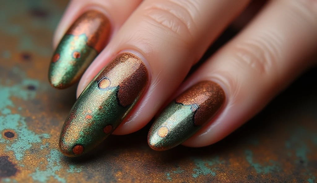 **Copper Patina Nail Art:** This design features rich copper tones with a green patina effect, giving the nails an antique, weathered look. The background mimics the texture of aged metal, with subtle shades of brown and green that enhance the vintage, industrial feel.