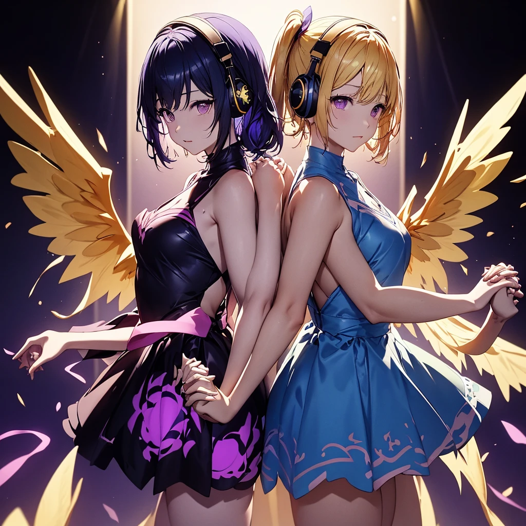 ((Highest quality)), (detailed), Holding hands and standing back to back, dark blue hair, short hair, long bangs, large chest, purple eyes, white headphones, large wings, long side ponytail, flames, average size, small chest, long blonde hair, purple eyes、Idol、Holding hands and standing back to back.0、Yellow and purple light cube background 1.7、Idol衣装1.6、Anatomically correct 2.0、Two people 2.0、Pastel 0.6