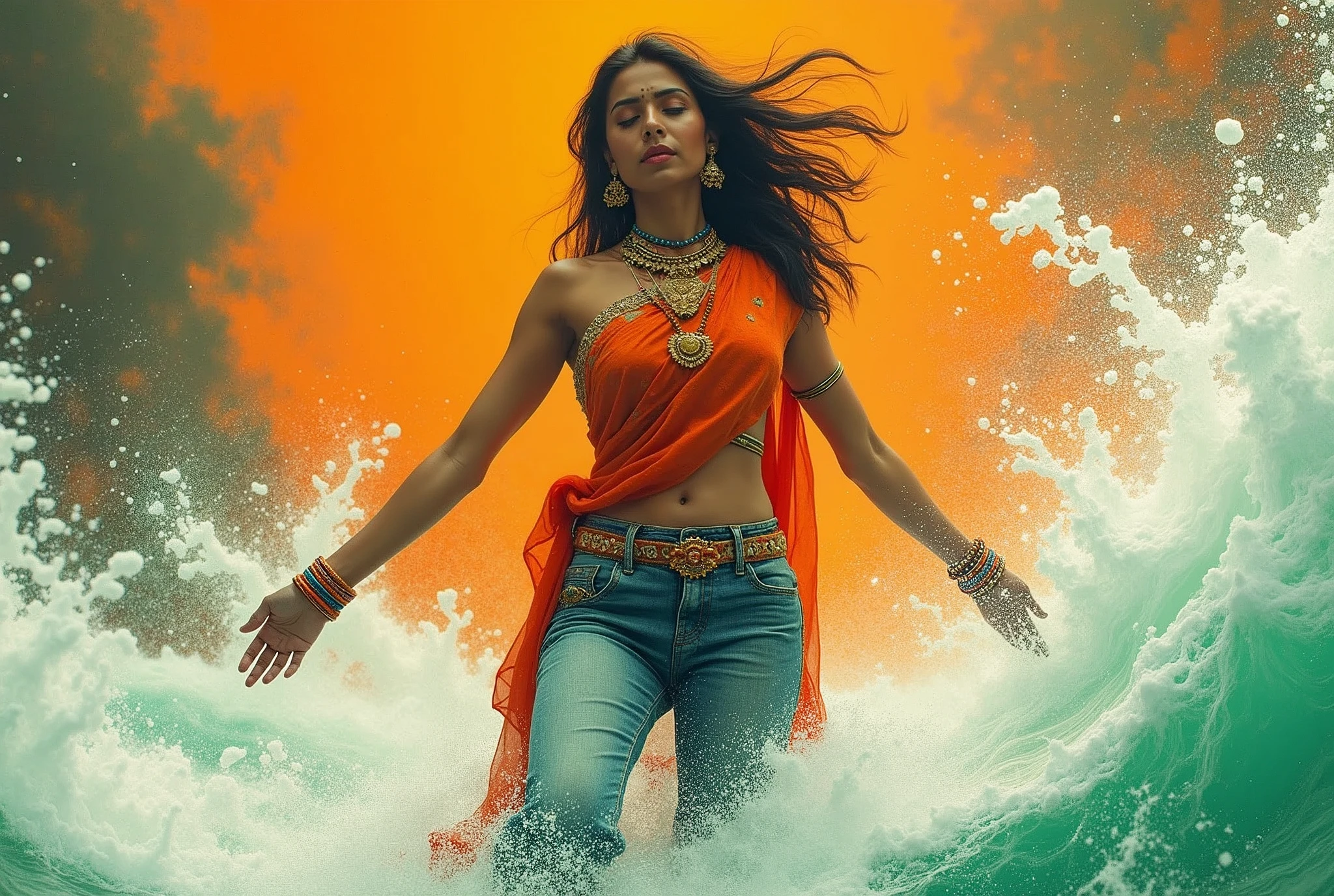 70s setting, grainy analog film, ultra-detailed, abstract art, glamour artwork, conceptual art, feminist, indian woman in jeans, playing in wide river, traditional accessories, abstract, orange white green, ecstasy, void, vivid, detailed sari
