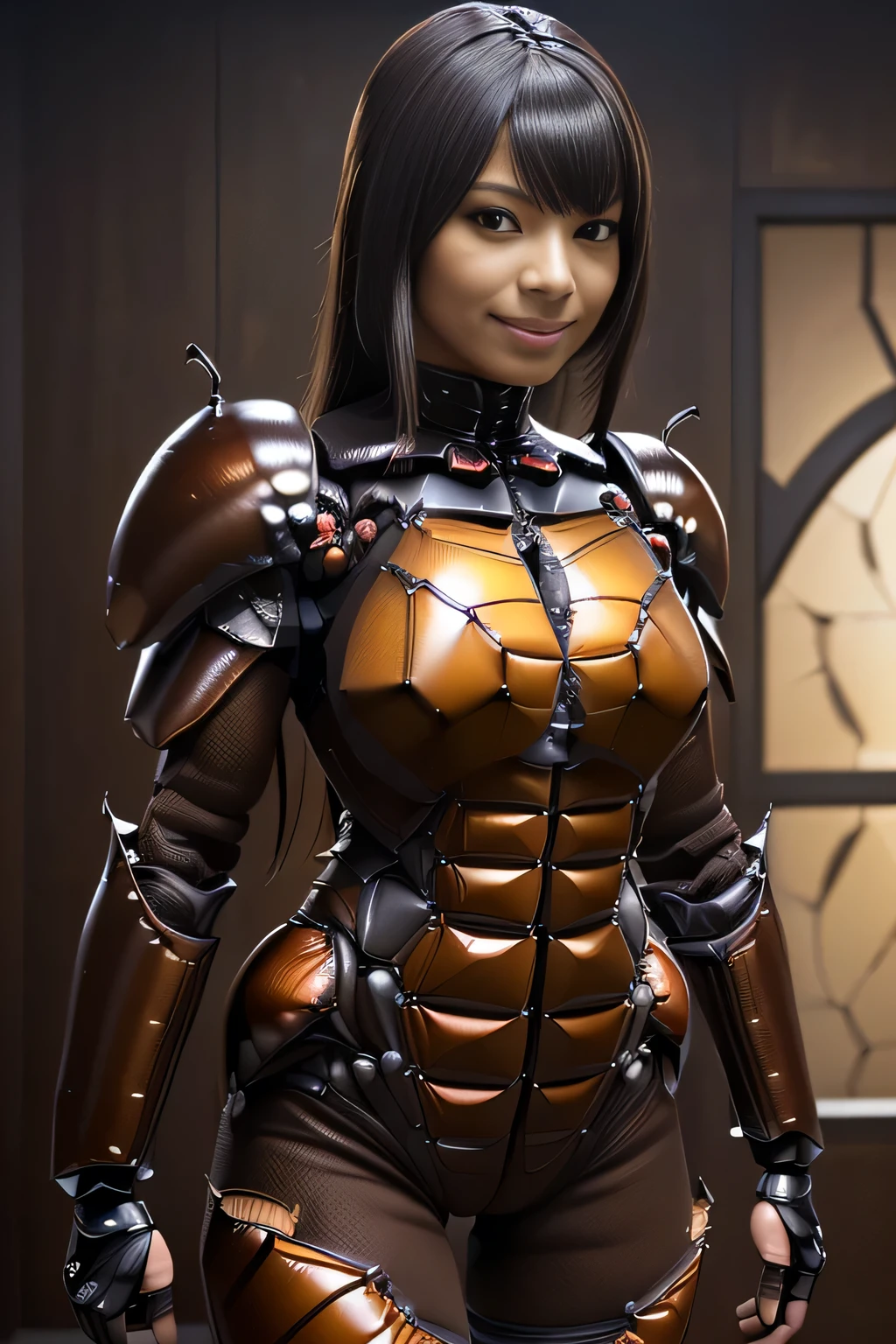 (high resolution,masterpiece,best quality,extremely detailed CG, anime, official art:1.4), realistic, photo, amazing fine details, all intricate, gloss and shiny,awesome many layers, 8k wall paper, 3d, sketch, kawaii, illustration,( solo:1.4), perfect female proportion,villainess, (fusion of dark brown cockroach and lady:1.4), (brown cockroach form lady:1.2), (brown cockroach lady:1.2), (fusion:1.2), (solo:1.4), (evil smile:1.2), muscular, abs, (cockroach brown exoskeleton bio insect suit:1.4), (cockroach brown exoskeleton bio insect armor:1.2), (brown transparency cockroach wing:1.4), (brown cockroach antennae:1.3),