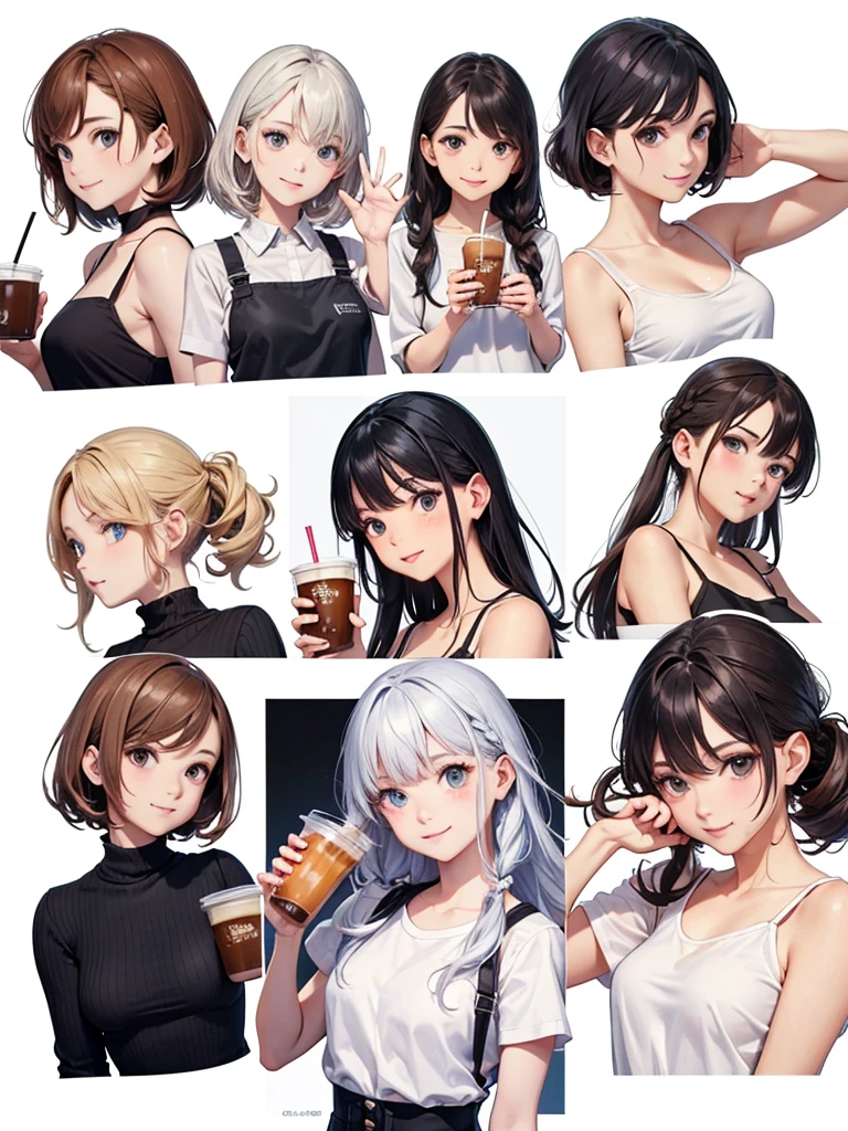 high resolution,Perfect Anatomy,Accurate anatomy,I'm holding an iced coffee and drinking it.,Trending Hairstyles,Trendy hair color,Trending fashion,((White Background)),Various poses,smile,はにかむsmile,恥ずかしそうなsmile