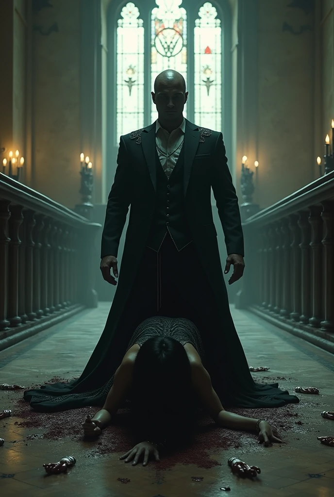 Terrifying man in a church black suit with satanic images,hands coming out of the ground,is a black woman tied to her knees on the floor
