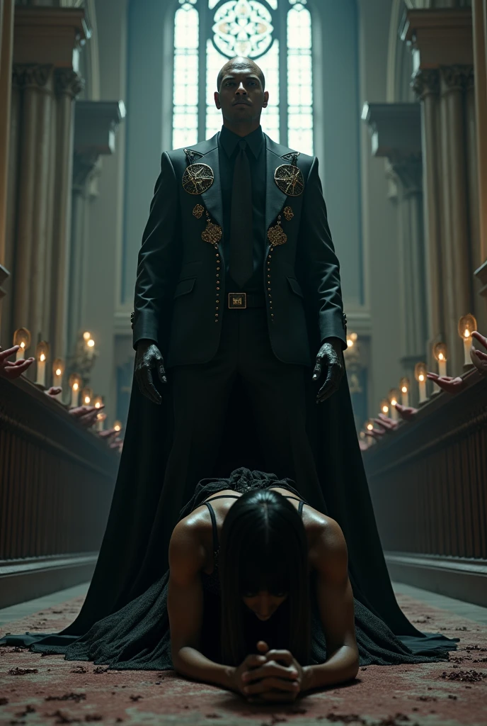 Terrifying man in a church black suit with satanic images,hands coming out of the ground,is a black woman tied to her knees on the floor