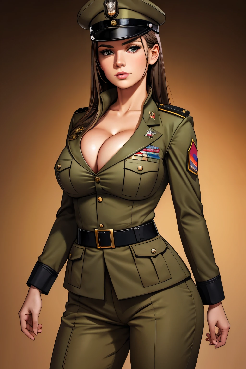 a woman in a military uniform poses for a picture, digital art by Lena Alexander, pixabay, dau-al-set, wearing military outfit, military outfit, army girl outfit, army uniform, military uniform, wearing military uniform, military girl, soldier girl, wearing a military uniform, soldier outfit, army, wearing dirty soldier uniform, military clothing, miltary, uniform, cleavage, sexy