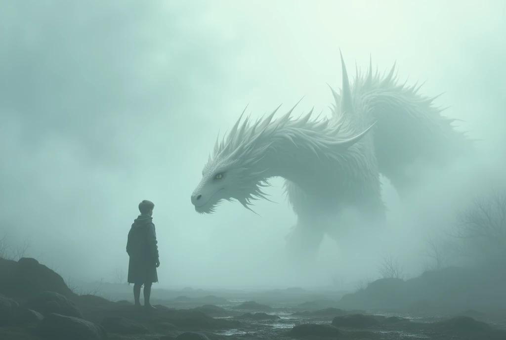 masterpiece, Ultra high definition, A mist of fantastical colors, (((in a thick fog))), ((Thick Fog)), Fog is rolling in front, A boy turning his back, A dragon melting into the mist, A beautiful dragon with white fur, No scales, Covered in long hair, The dragon has a long, massive body, (The dragon is faintly visible), It looks at the boy with gentle eyes, The encounter between the dragon and the human, crap