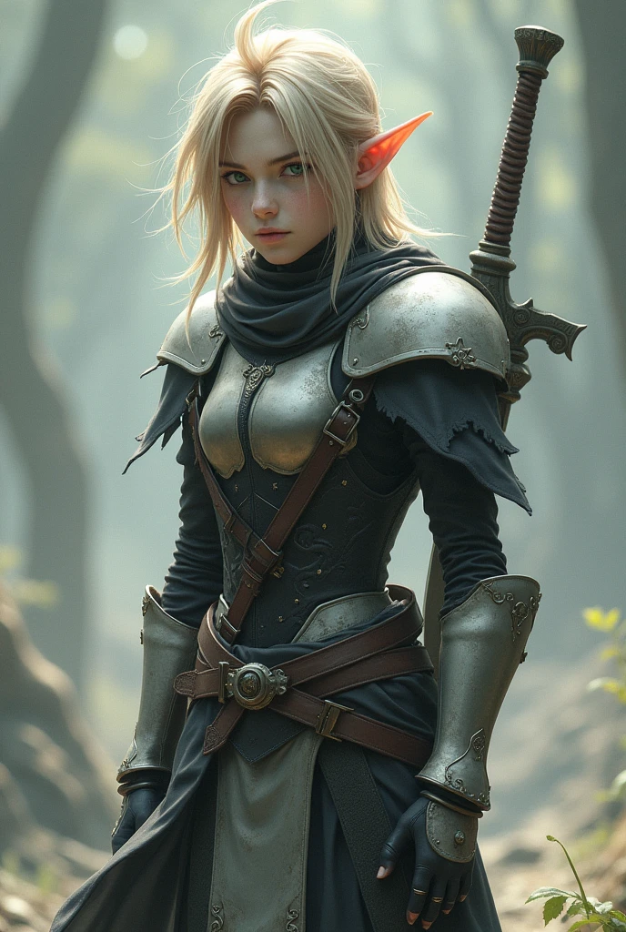 Final Fantasy Game Theme. Image of a 21 year old elf with tanned hair, standing with her favorite sword in her hands., He wore light black and white armor..., pastel shades, and dramatic tones. A masterpiece in the highest resolution. , Surrealistic type of image