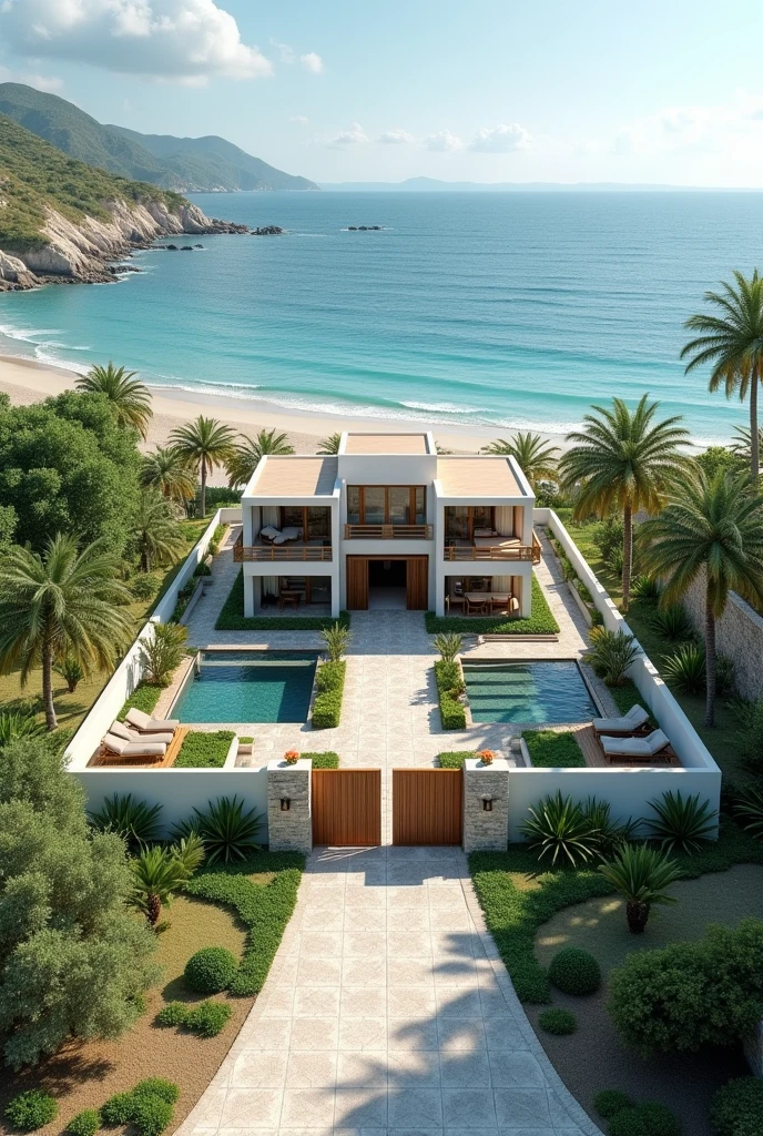 the site should have a holiday villa. This is a site in the beachside.add a gate too. add a prpoer drainage path to the site and I want you to add a gate and a wall around the site.the site is a rectangular type i want to design the stormwater management for this site.want to include followings,Control the Path and Velocity of Runoff -Runoff Channels: Create shallow channels to direct runoff towards designated areas away from the beach, reducing erosion risk. Stabilize Soils in Flat Areas - Erosion Control Measures - Vegetative Cover: Quickly establish native vegetation on disturbed areas to hold soil in place. Prevent Air Pollution from Dust and Particulate Matter Dust Control Measures: - Water Spraying: Regularly spray water on exposed soil and construction areas to minimize dust. - Windbreaks: Install temporary windbreaks or solid barriers around the site to reduce dust dispersion. - Vegetative Cover: Establish temporary vegetative cover on disturbed areas quickly to reduce dust.