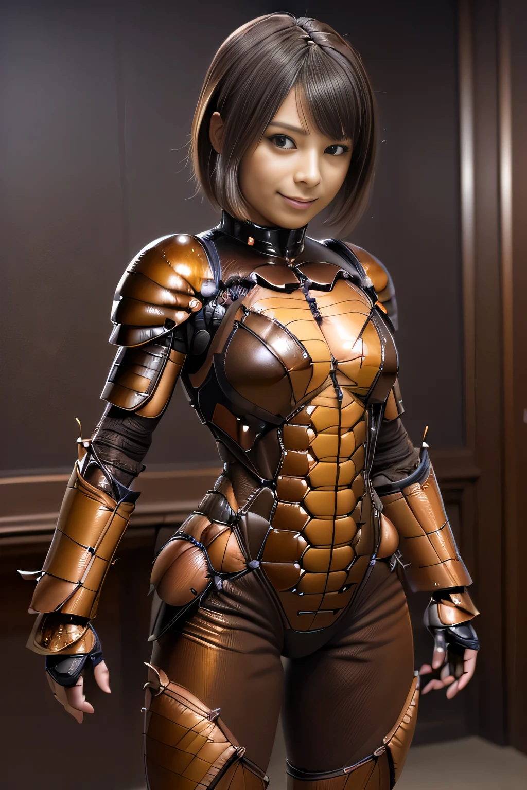 (high resolution,masterpiece,best quality,extremely detailed CG, anime, official art:1.4), realistic, photo, amazing fine details, all intricate, gloss and shiny,awesome many layers, 8k wall paper, 3d, sketch, kawaii, illustration,( solo:1.4), perfect female proportion,villainess, (fusion of dark brown cockroach and lady:1.4), (brown cockroach form lady:1.2), (brown cockroach lady:1.2), (fusion:1.2), (solo:1.4), (evil smile:1.2), muscular, abs, (cockroach brown exoskeleton bio insect suit:1.4), (cockroach brown exoskeleton bio insect armor:1.2), (brown transparency cockroach wing:1.4), (brown cockroach antennae:1.3),