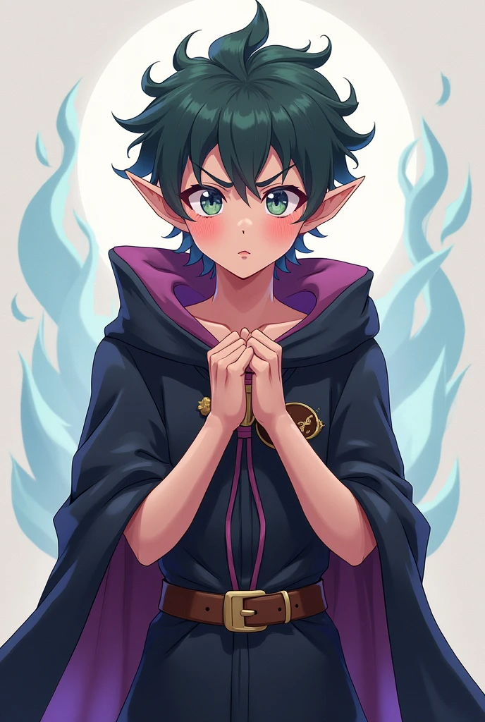 Young male adult elf sorcerer blushing and pouting at the viewer, anime style