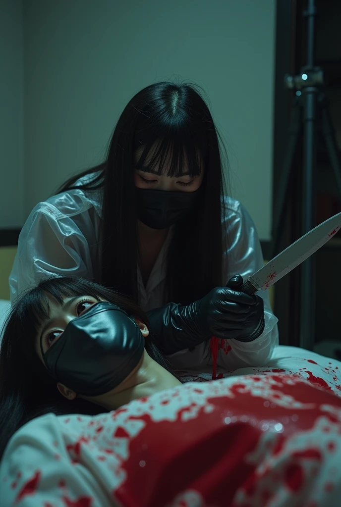 korean girl, (behind corpse, holding knife), black surgical mask, black leather gloves, room full of blood, transparent raincoat, hood up, holding knife, leather gloves, woman on top, behind corpse, blood splatter, bed room, night, mass murderer, killer, long bangs, blood splatter, dark atmosphere, cinematic lighting, atmospheric realistic, close-up, tripod and camera in the back, shooting with camera