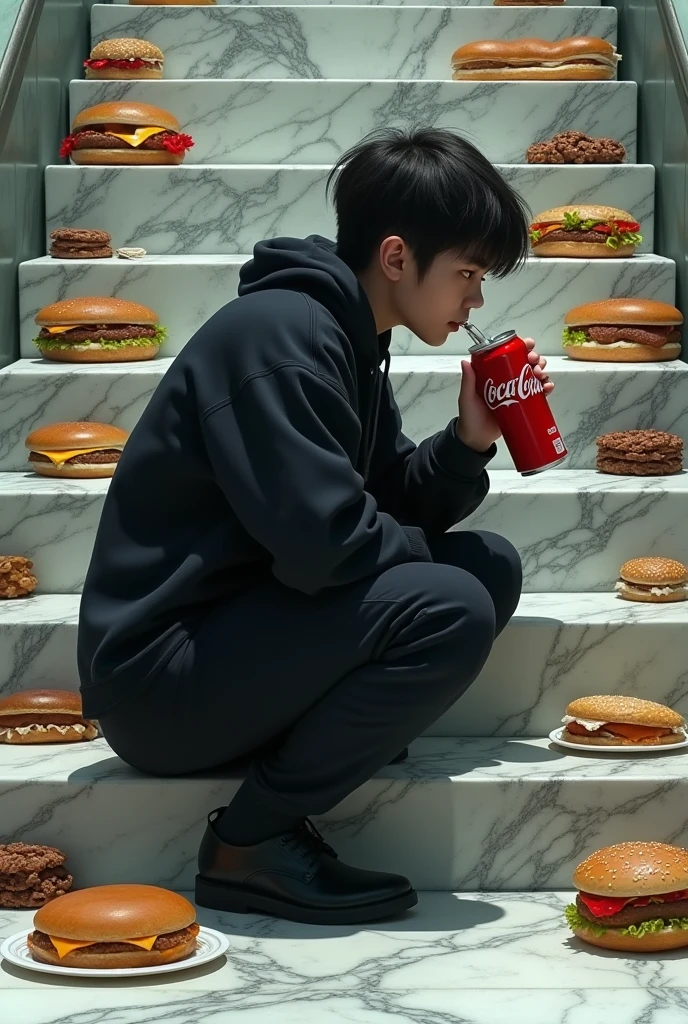 someone drinking Coca-Cola crouching with marble steps with junk food on each one in front of them, Both in profile view