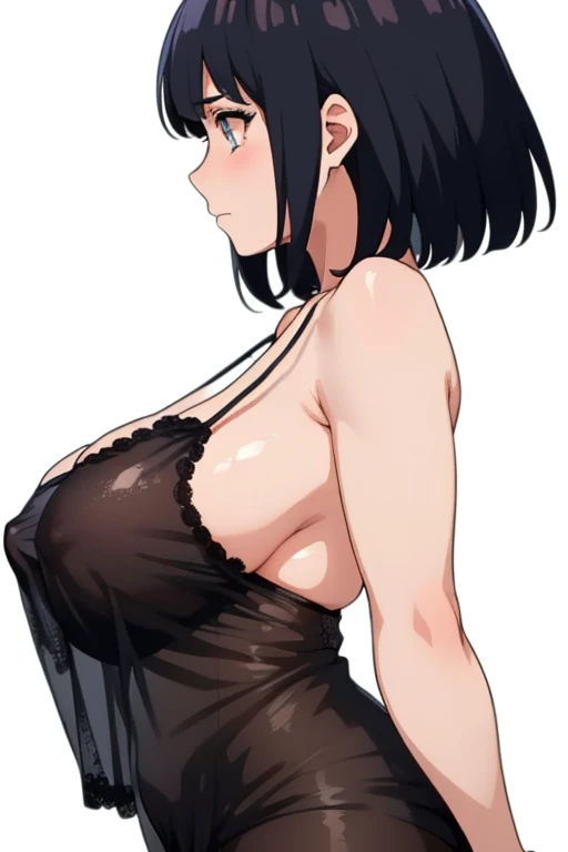 (from side:2.0), (cowboy shot:1.3, standing), (perfect detailed anatomy:1.5, beautiful detailed face, beautiful detailed eyes, beautiful skin, perfect detailed arms:1.5), (masterpiece, top-quality, hight resolution:1.2), (anime screencap,1.5, anime-keyvisual), (ultra_detailed, 4k, UHD:1.2), (photorealistic, pixiv:1.3, the perfect body), NSFW, hinata\(shippuden\), 1girl, cute, black hair, solo, blush:1.5, (huge breasts:1.5), (negligee:1.5), (arms behind back:1.5), (simple background), thick outline, black outline