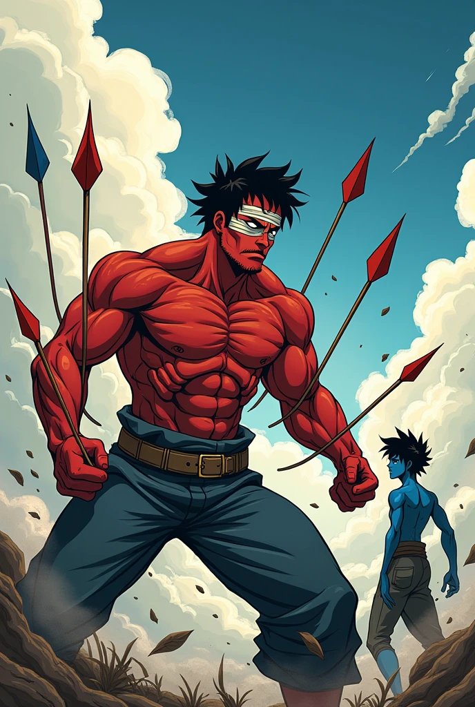 A red stick man with 3 bandages on his face and one covering his left eye, he is muscular , that it looks like a manga, and that the stick man appears in an epic scene and the clouds surround them. Make it an anime version, any style that looks more like a well-drawn drawing and that arrows come out of his hand, And a blue stick man with a face, the blue muscle sun looks at him from afar