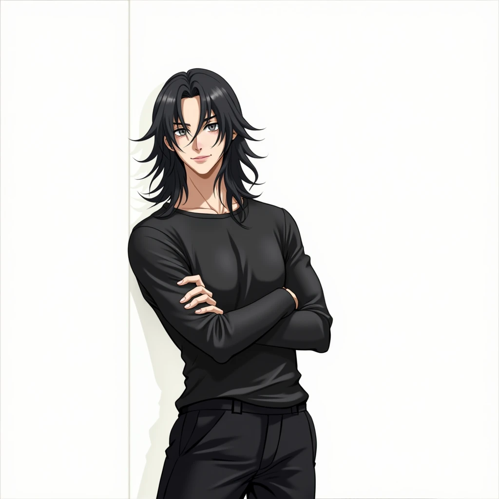 Guy long black hair,grey eyes, beautiful body, Beautiful face, anime art, masterpiece, realistically, black T-shirt, black trousers, A smirk on his face, очень Beautiful face