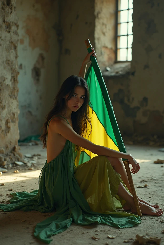 8k (photo realist) 1 girl wearing a long, ripped dress, posing sensually and showing off her legs, holding a green and yellow flag, sitting on the floor of the old abandoned church