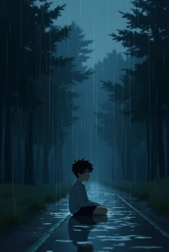 Lone anime boy sitting alone on foot path and environment is dark and raining
