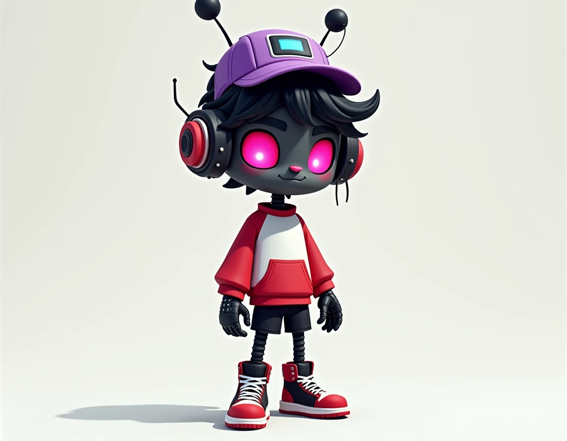 generates an image of a fictional character, a male character, cartoon style. His skin is absolutely black as coal, his eyes are square, pink and red, the inside of his mouth is the same color, he has no eyebrows and no nose, his hair is black, a little long, crazy, of Two antennas emerge from his head like an old television, he is wearing a white and red sweatshirt, black shorts and large Jordan style sneakers, he is also wearing a purple fisherman's hat. His arms and legs are robotic.