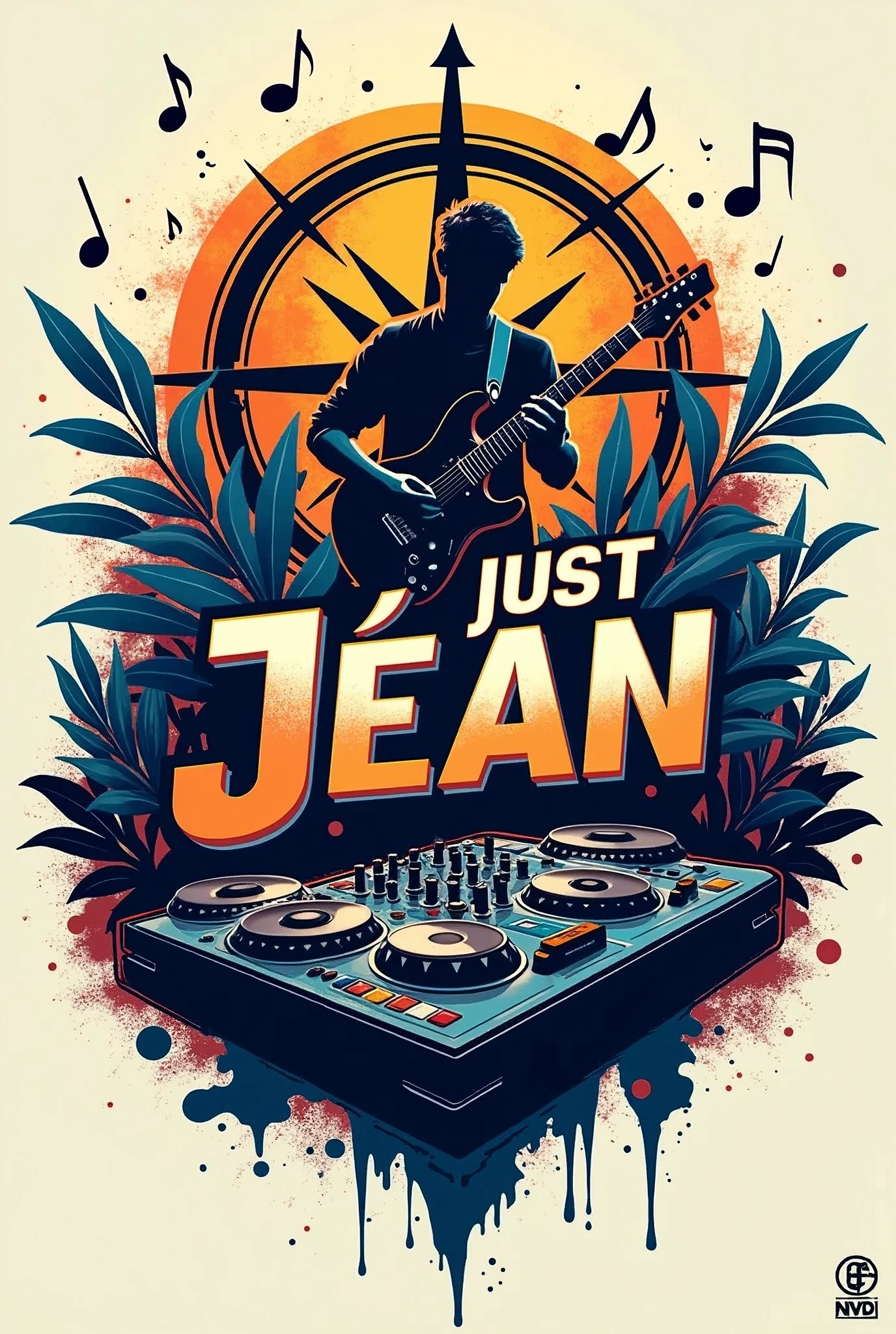 A DJ logo with the words "just Jéan". the background has a compass rose with one stratocaster guitar and DJ decks surrounded with music notes and elements. The main colour theme is orange and blue