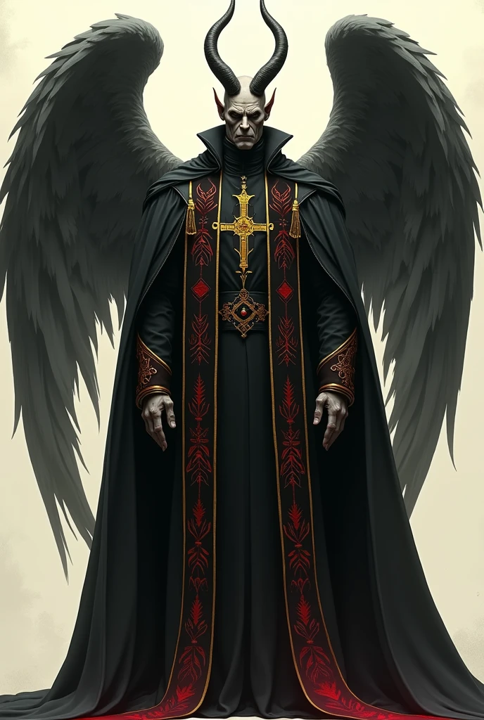 Draw Lucifer wearing priest clothes, without numbers and in black colors, offwhite, yellow and red