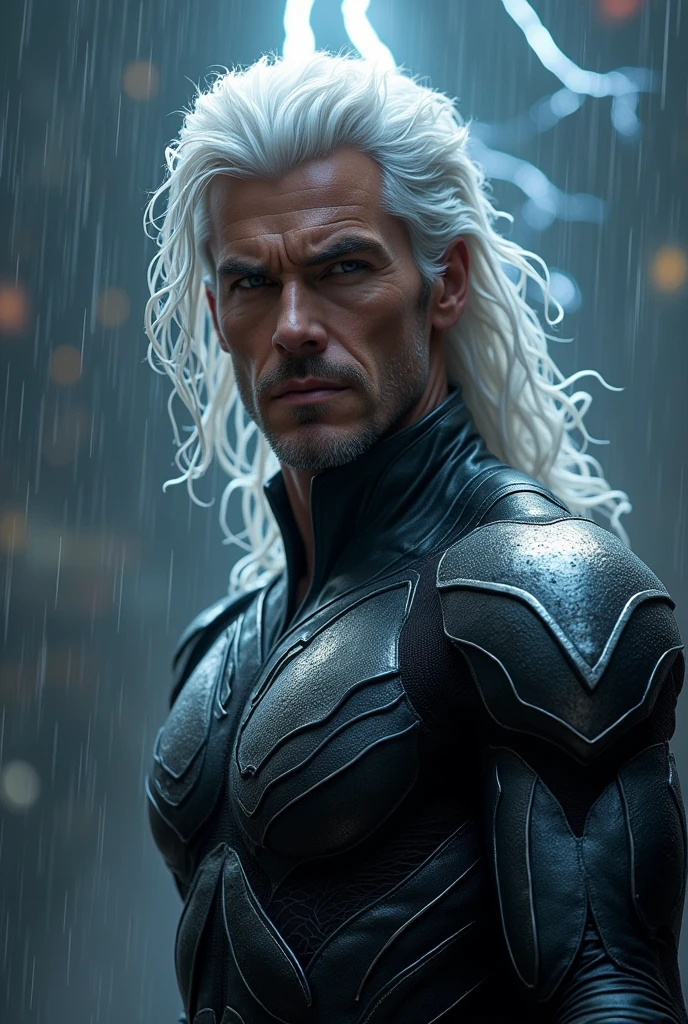 "A very realistic representation of Storm from Made of a leather-like material, with intricate silver details that emphasize his athletic physique. The suit is designed with elegant cuts that add a modern and sophisticated touch to his appearance, while maintaining his iconic and powerful aura. White hair is long and loose, caught dramatically in the wind, and his eyes shine with a fierce intensity as he summons lightning from the dark clouds above. The scene takes place in a dark and moody atmosphere, with rain falling. and lightning illuminating the sky, showing his control over the elements.