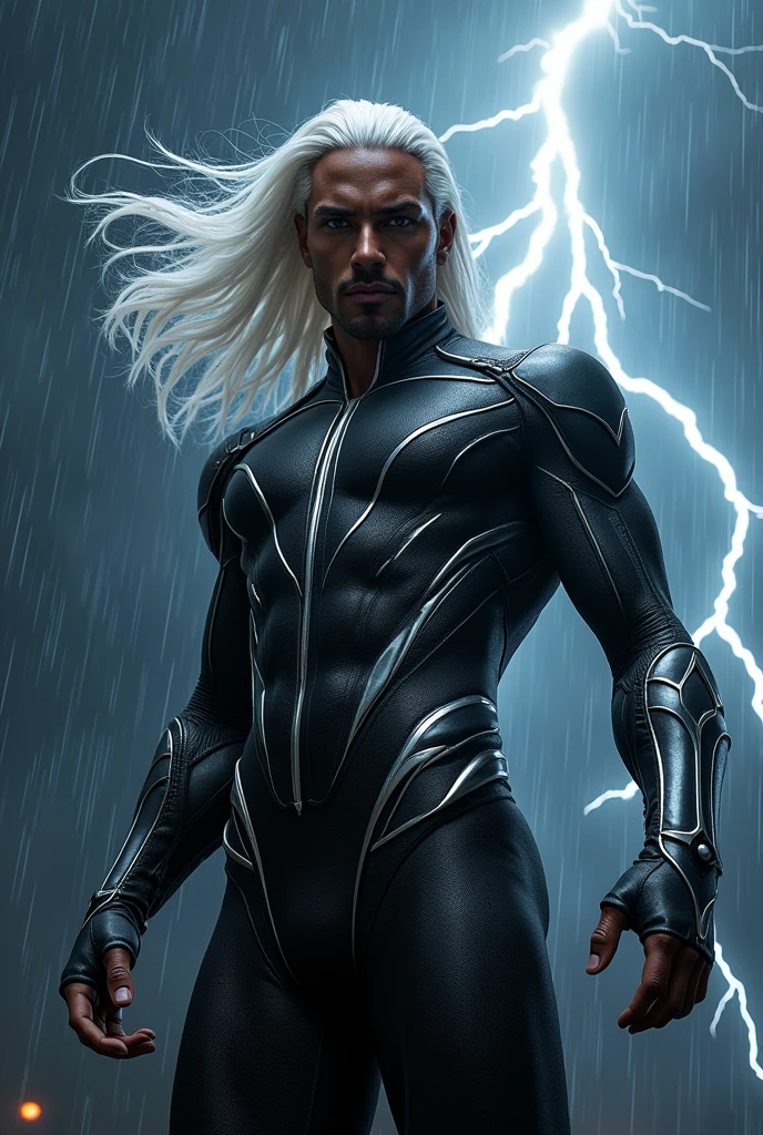 "A very realistic representation of Storm from Made of a leather-like material, with intricate silver details that emphasize his athletic physique. The suit is designed with elegant cuts that add a modern and sophisticated touch to his appearance, while maintaining his iconic and powerful aura. White hair is long and loose, caught dramatically in the wind, and his eyes shine with a fierce intensity as he summons lightning from the dark clouds above. The scene takes place in a dark and moody atmosphere, with rain falling. and lightning illuminating the sky, showing his control over the elements.