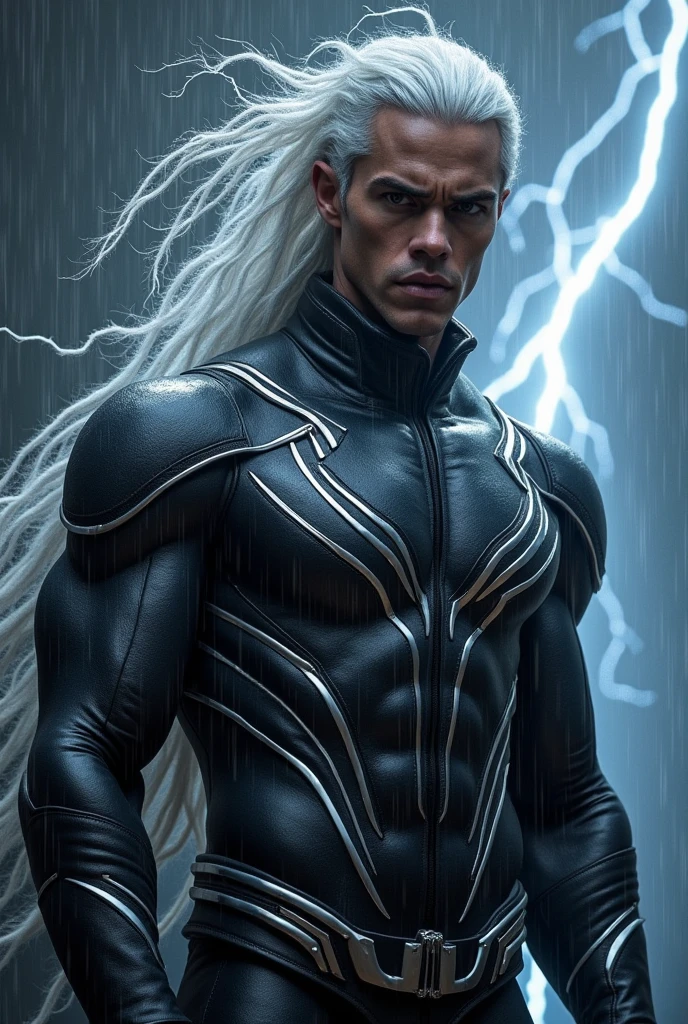 "A very realistic representation of Storm from a leather-like material, with intricate silver details that emphasize his athletic physique. The suit is designed with elegant cuts that add a modern and sophisticated touch to his appearance, while maintaining his iconic and powerful aura. His white hair is. long and loose, caught dramatically in the wind, and his eyes shine with a fierce intensity as he summons lightning from the dark clouds above. The scene plays out in a dark and moody atmosphere, with rain falling and lightning illuminating. the sky, showing his control over the elements.