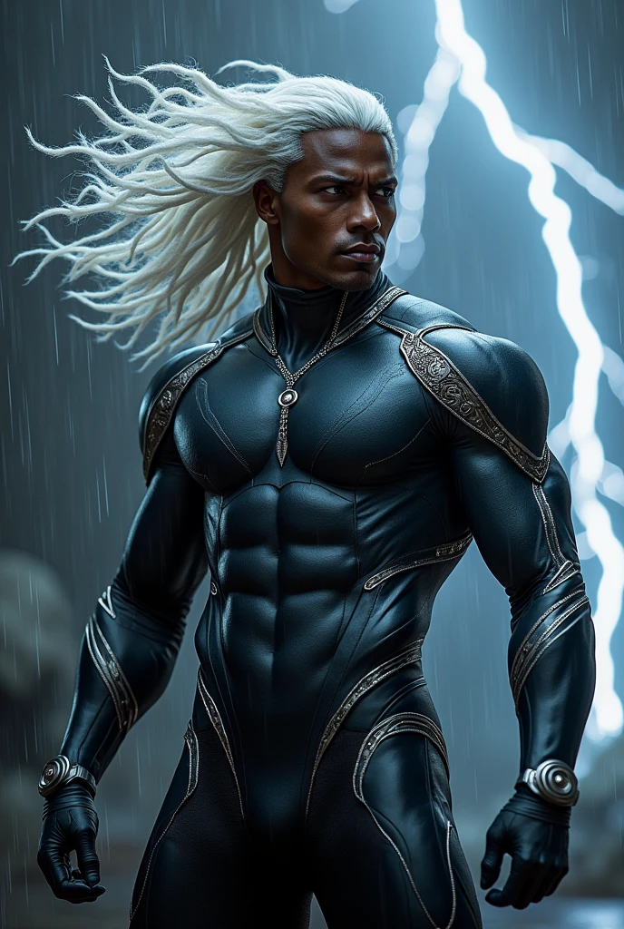 "A very realistic representation of Storm from Made of a leather-like material, with intricate silver details that emphasize his athletic physique. The suit is designed with elegant cuts that add a modern and sophisticated touch to his appearance, while maintaining his iconic and powerful aura. White hair is long and loose, caught dramatically in the wind, and his eyes shine with a fierce intensity as he summons lightning from the dark clouds above. The scene takes place in a dark and moody atmosphere, with rain falling. and lightning illuminating the sky, showing his control over the elements.