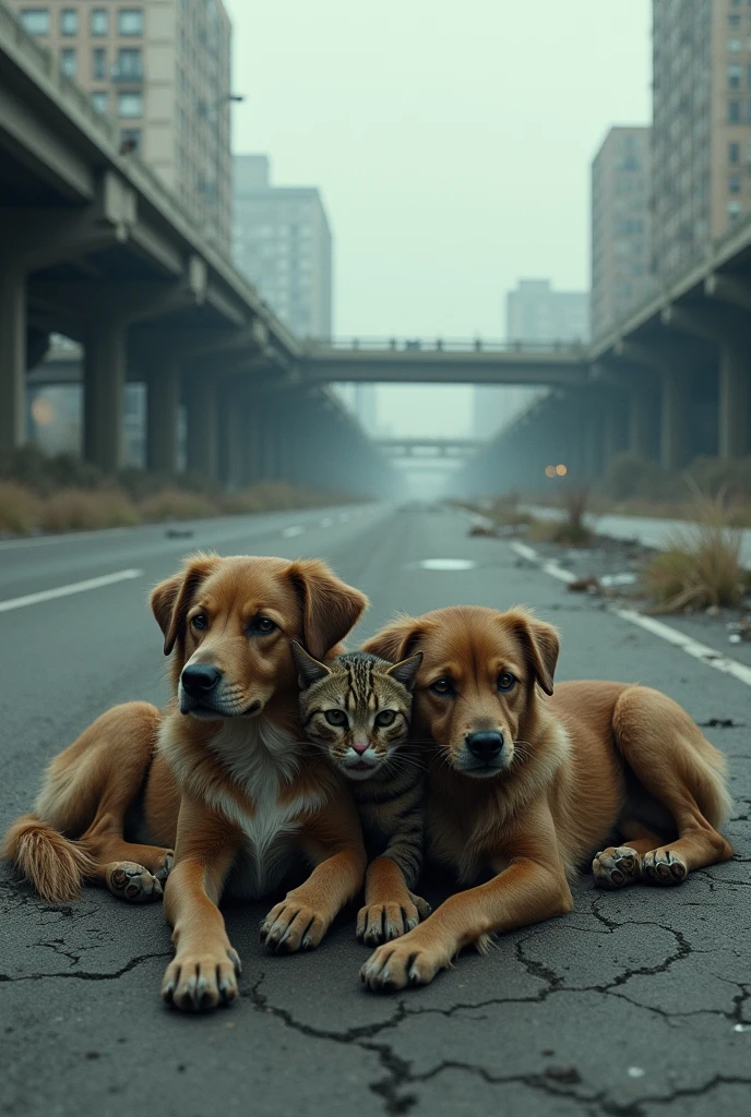 Abandoned dogs and cats on the street, sad and crying on the highway avenue
