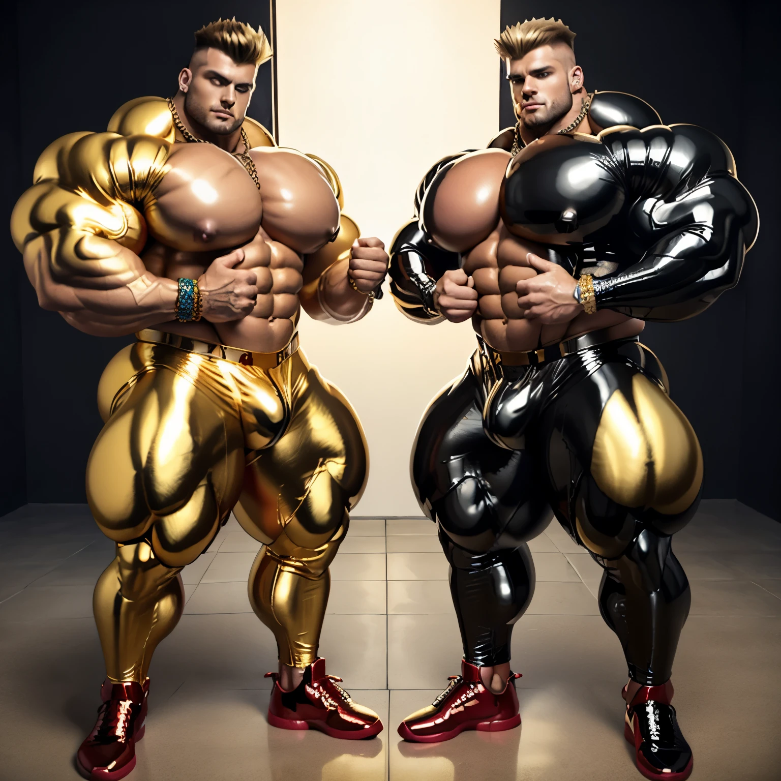 full body view, two Pretty young muscle gay boys in tight shiny latex red, black and white skinny fullsuits ,neck tattoo ,pretty faces, faux hawk shiny golden blonde haircut, wet hair, golden rings, necklaces, bracelets, hi-top Jordan red and black shiny pvc chunky sneakers, black latex shiny socks can be seen. their bulges and pecs are touching, pressing 