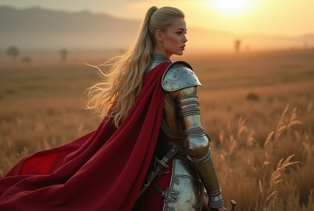 Female Rider wielding a sword on a battlefield , ((piece of art, maximum quality, a high resolution, Highly detailed 8K unified computer wallpaper)), (huge stunning photo of a goddess, Very hot and sexy, сногсшибательная beauty, perfect proportions, The body is cute, slender body, beauty:1.3), (A medieval Female Rider in luminous armor:1.5), (Her long blonde hair is tied back, Wearing armor on the naked body, red cape on the back, used in fine finishing, Detailed armor, With a sword, hanging on a thick belt:1.5), visible hips, view from above, Female Rider,