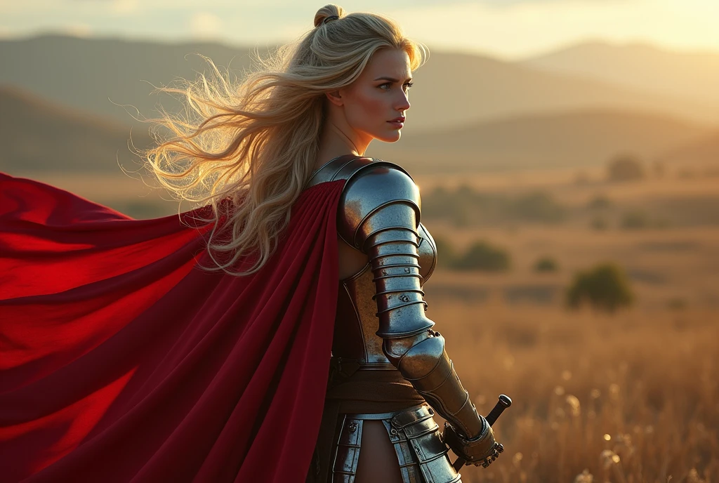 Female Rider wielding a sword on a battlefield , ((piece of art, maximum quality, a high resolution, Highly detailed 8K unified computer wallpaper)), (huge stunning photo of a goddess, Very hot and sexy, сногсшибательная beauty, perfect proportions, The body is cute, slender body, beauty:1.3), (A medieval Female Rider in luminous armor:1.5), (Her long blonde hair is tied back, Wearing armor on the naked body, red cape on the back, used in fine finishing, Detailed armor, With a sword, hanging on a thick belt:1.5), visible hips, view from above, Female Rider,