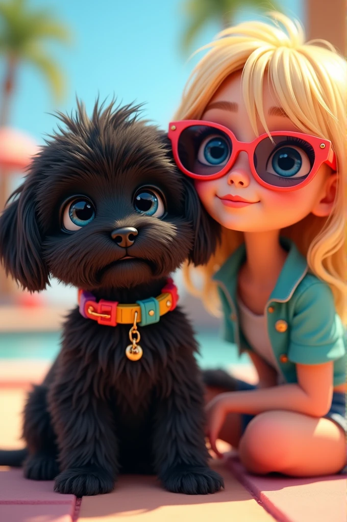 A cute black shih tzu puppy with big blue eyes wearing colorful collar and sunglasses, a cute blonde girl with big blue eyes with stylish clothes