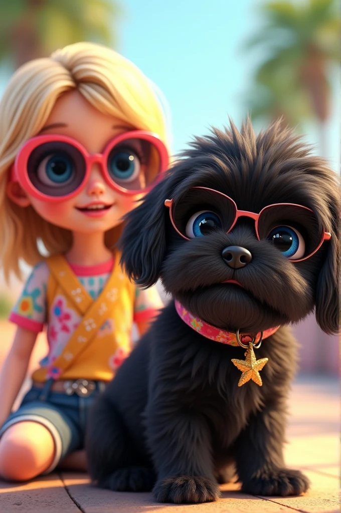 A cute black shih tzu puppy with big blue eyes wearing colorful collar and sunglasses, a cute blonde girl with big blue eyes with stylish clothes