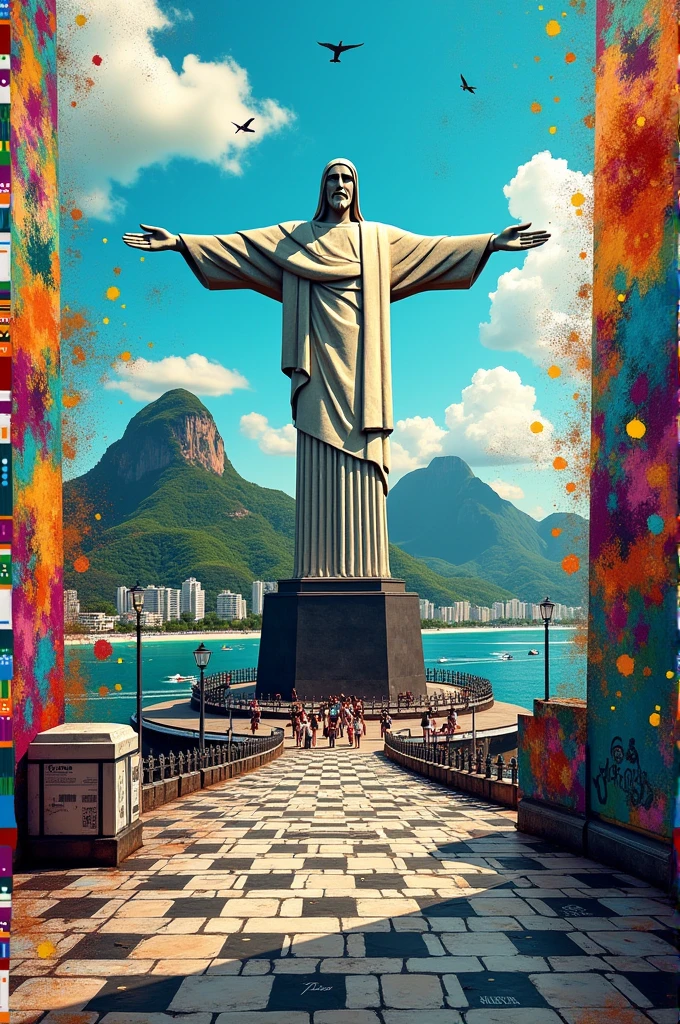 Create graffiti that represents Rio de Janeiro, with an image of Christ the Redeemer, with the Copacabana sidewalk, surfing