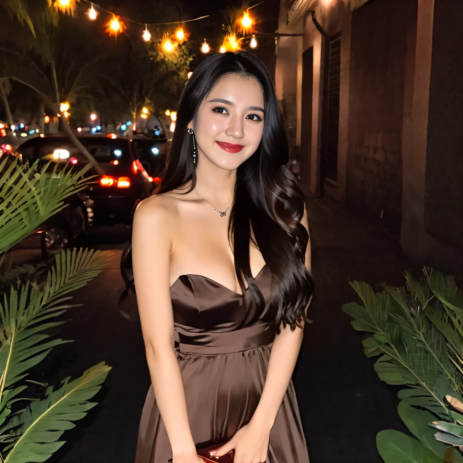 1 mexican girl, 25 years old, Long Wavy black Hair, dark brown eyes, black hair, nude,dress,party, night;Indirect gaze, full body,cleavage, smiling