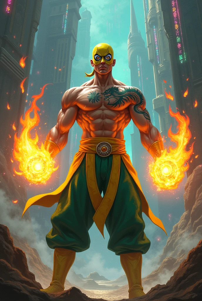 1man, shirtless, martial arts, yellow half mask, white eye patterns with black outline , muscular, green costume, yellow belt and boots, burning fists, dragon tatto, mystical city background