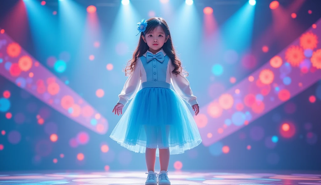 Long shot photo of a beautiful and attractive child girl, brown long wavy hair down, chinese pop idol, 50mm portrait, performing on colorful stage with colorful stage lights,: Baby blue and white sweet collar, front button closure, baby blue solid short skirt and matching beautiful Bow Tie, small flower clip with baby blue petals on the top and in the hair, white shoes with light blue laces, shy yet confident