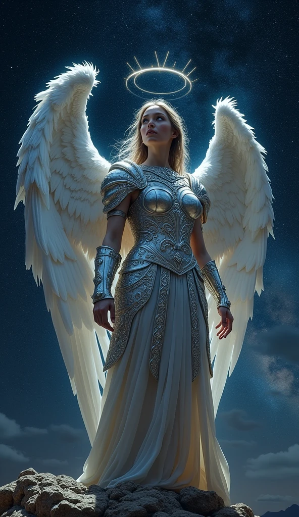A very beautiful angel wearing ancient Roman silver armor, Starry Sky, With the Parthenon in the background, Cinematic lighting