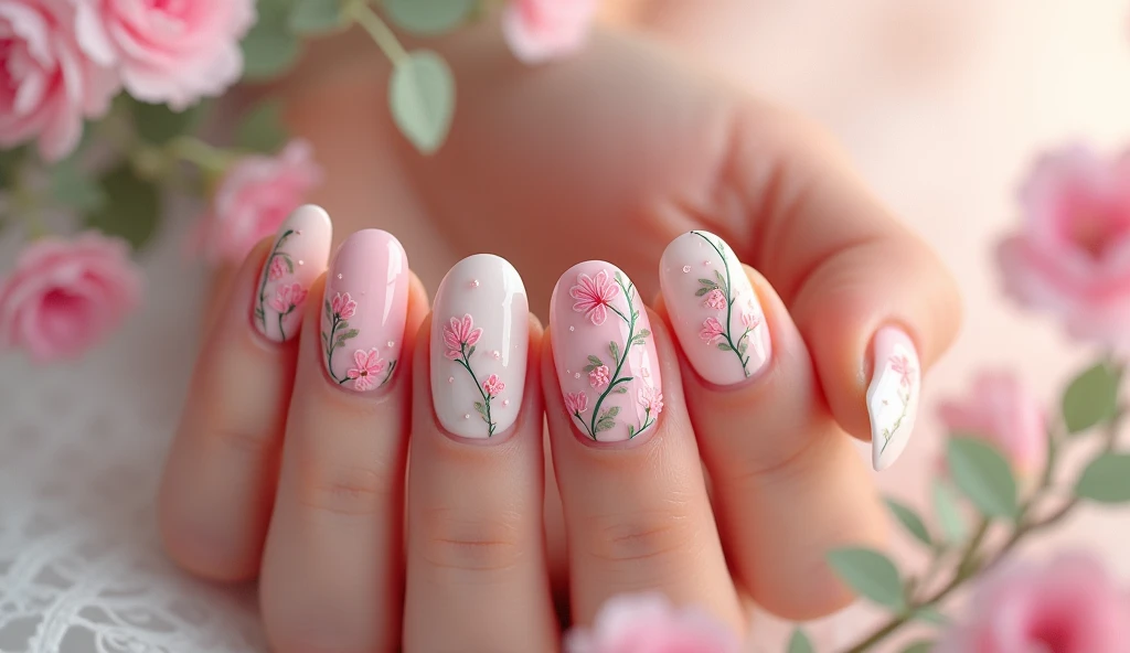  **Romantic Floral Vine Nail Art:** The nails showcase delicate floral vines winding around in soft greens, pinks, and whites. The background mimics a soft garden trellis with blooming flowers, creating a serene and romantic setting.