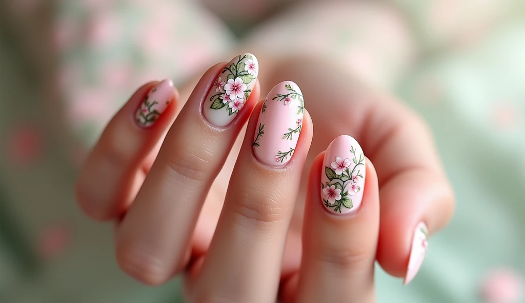  **Romantic Floral Vine Nail Art:** The nails showcase delicate floral vines winding around in soft greens, pinks, and whites. The background mimics a soft garden trellis with blooming flowers, creating a serene and romantic setting.