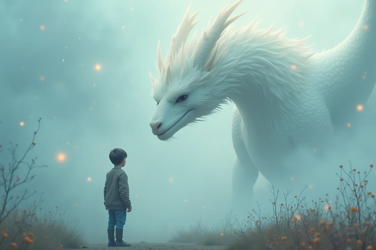 masterpiece, Ultra high definition, A mist of fantastical colors, (((in a thick fog))), ((Thick Fog)), Fog is rolling in front, A boy turning his back, A dragon melting into the mist, A beautiful dragon with white fur, No scales, Covered in long hair, The dragon has a long, massive body, (The dragon is faintly visible), It looks at the boy with gentle eyes, The encounter between the dragon and the human, crap