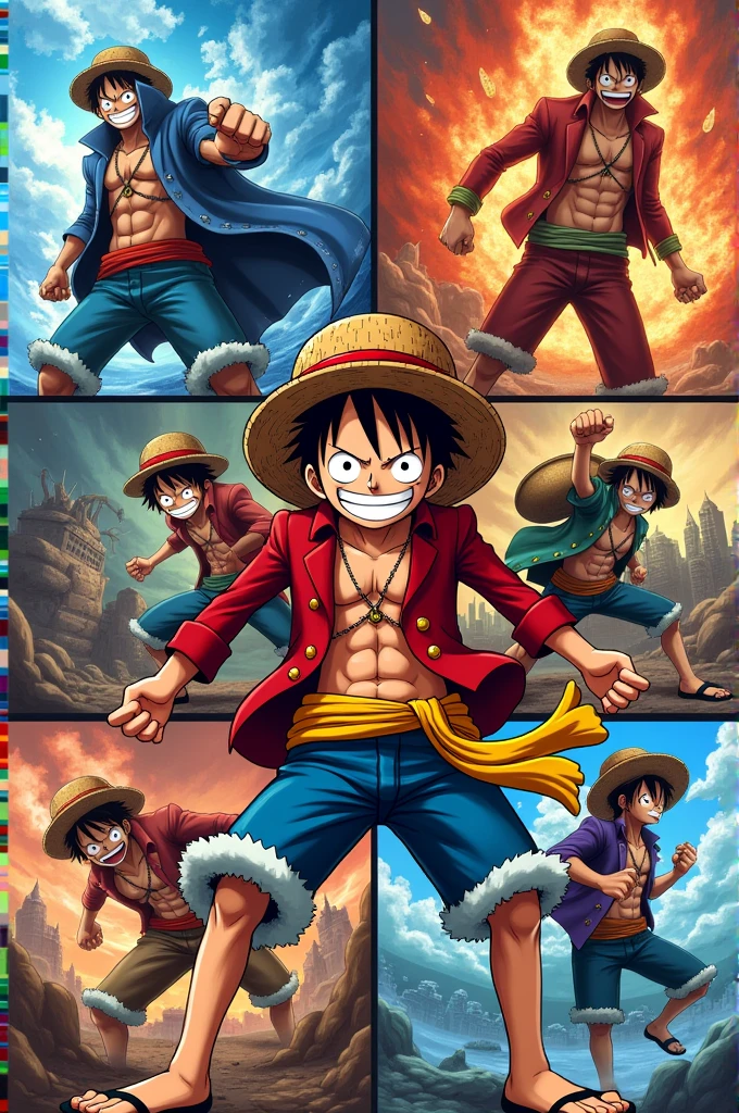 Create an image of 9 Luffy in different gears together
